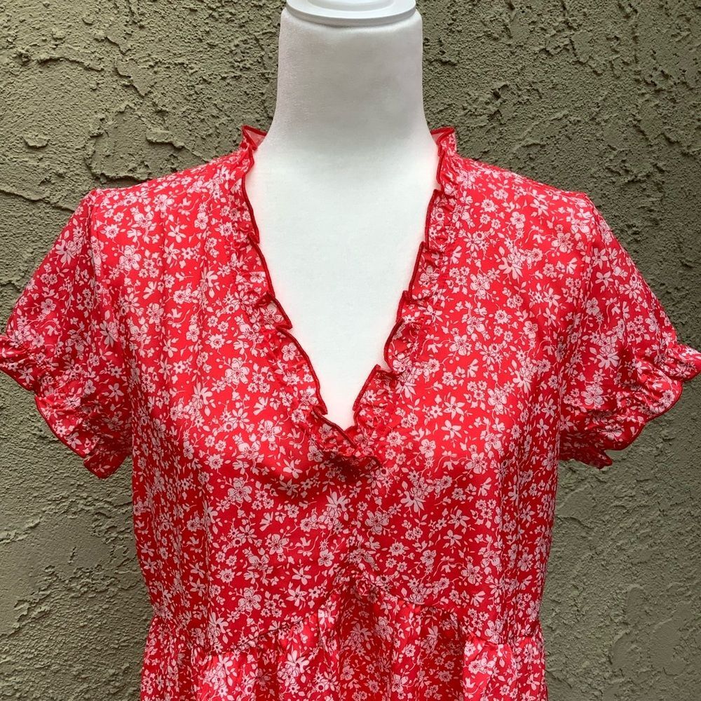 Summer Floral Red Lightweight Mini Shift Dress, Medium - Picture 4 of 5
